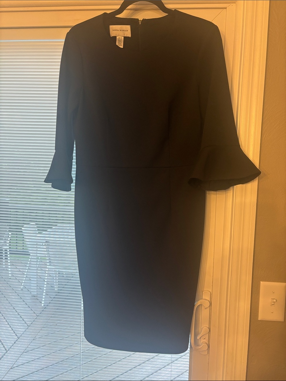 Donna Morgan Black Midi Sheath Dress with Flounced Elbow Sleeves